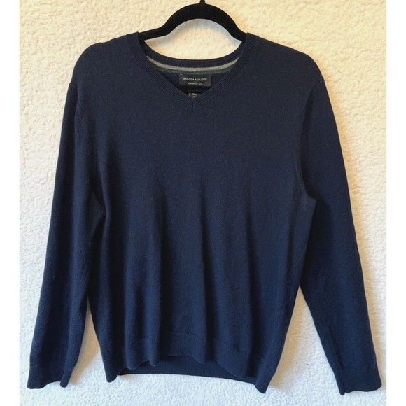 Banana Republic Size L Sweater 100% Merino Wool V-Neck Long Sleeve Navy Mens - Picture 1 of 6